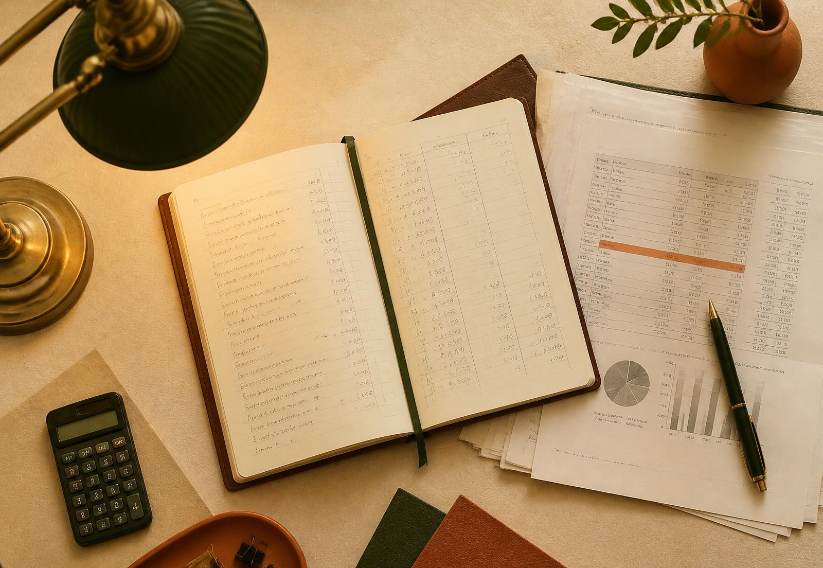 An analyst's desk with a handwritten ledger, a printed profit and loss statement and a calculator